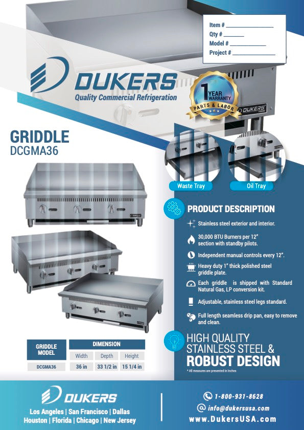 New Dukers DCGMA36 36 in. W Flat Top Griddle with 3 Burners