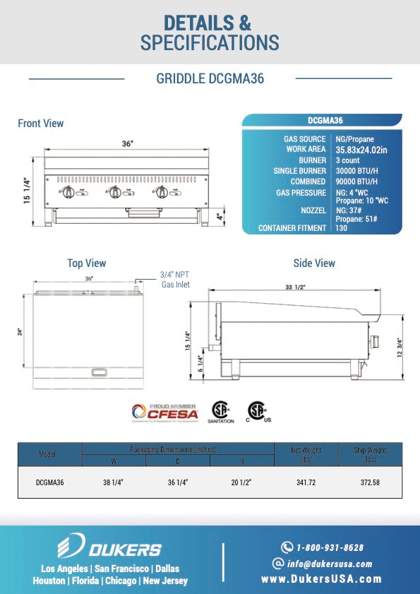 New Dukers DCGMA36 36 in. W Flat Top Griddle with 3 Burners