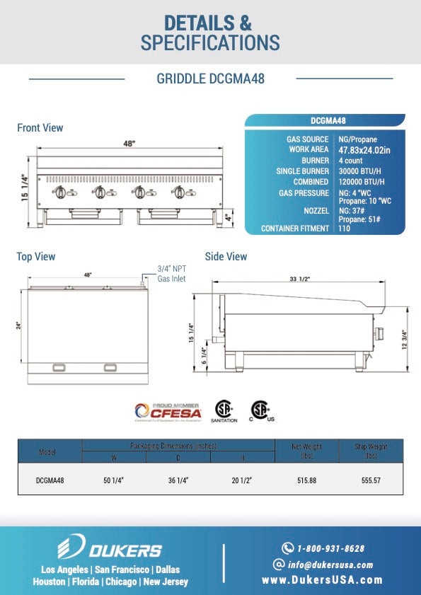 New Dukers DCGMA48 48 in. W Flat Top Griddle with 4 Burners