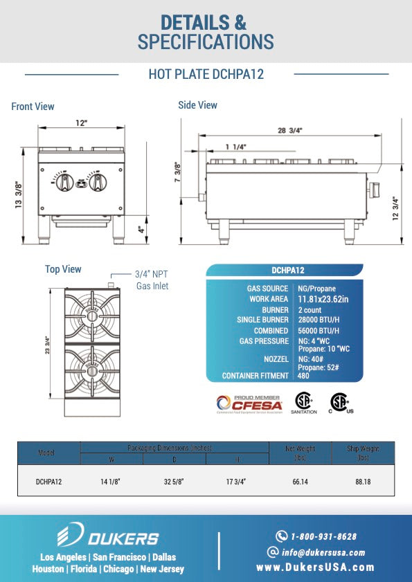 New Dukers DCHPA12 Hot Plate with 2 Burners