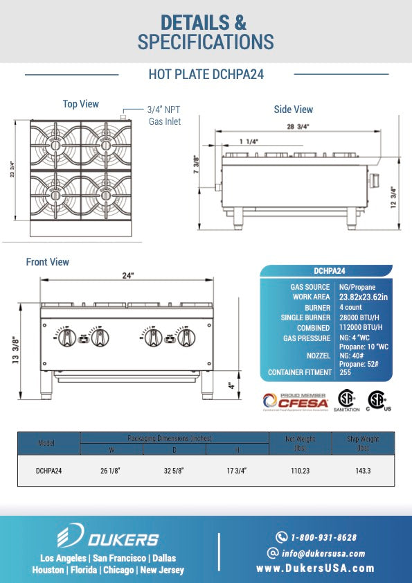 New Dukers DCHPA24 Hot Plate with 4 Burners