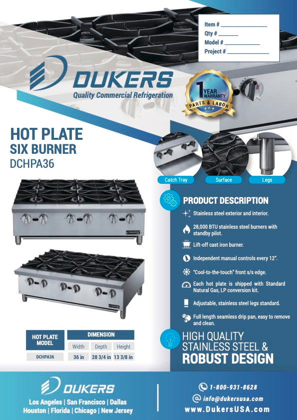 Dukers DCHPA36 Hot Plate with 6 Burners