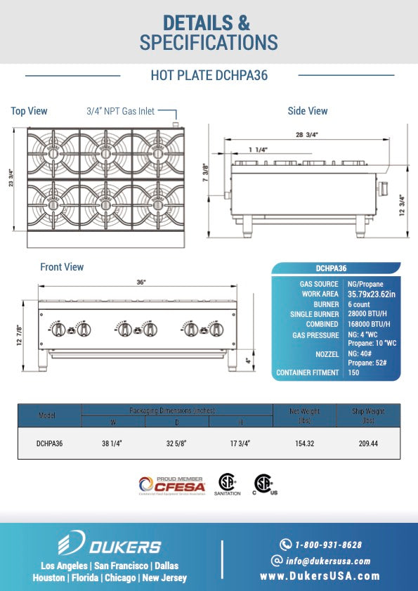 Dukers DCHPA36 Hot Plate with 6 Burners