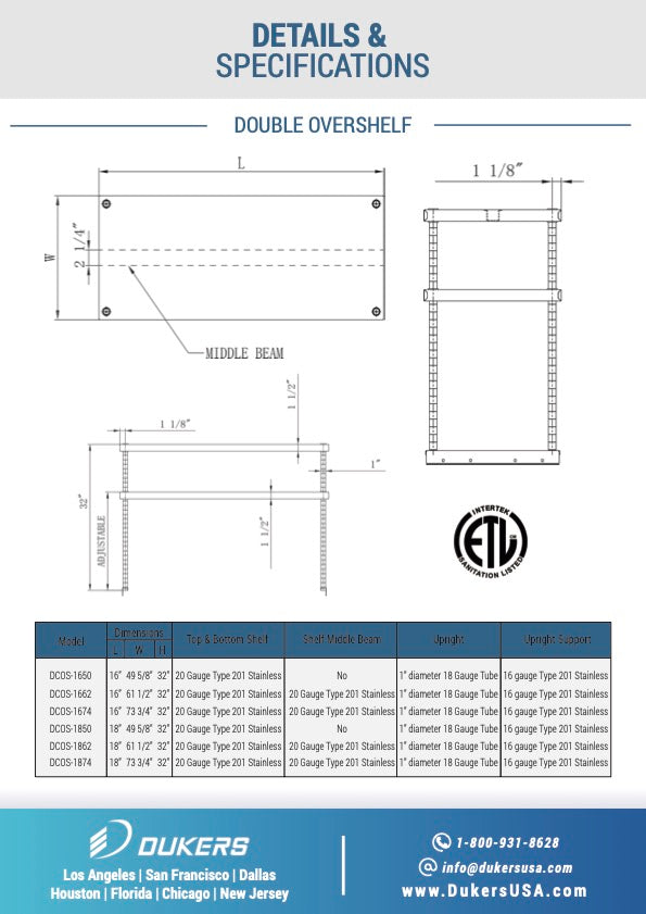 New Dukers DCOS-1850 Double Over Shelf 18″ x 49 5/8″x 32″