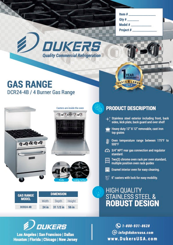 New Dukers DCR24-4B 24″ Gas Cooktop Range with Four (4) Open Burners