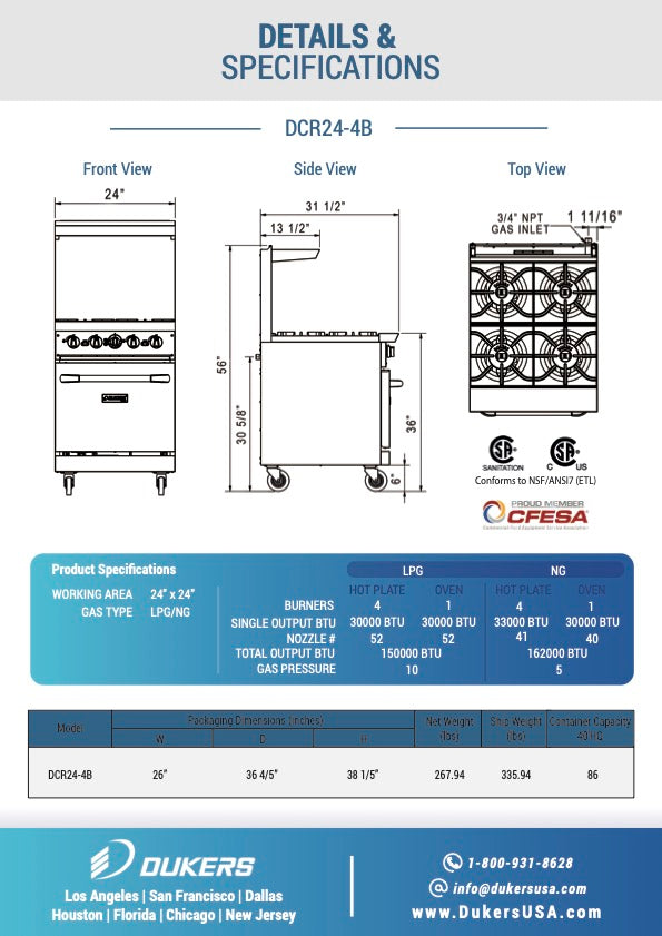 New Dukers DCR24-4B 24″ Gas Cooktop Range with Four (4) Open Burners