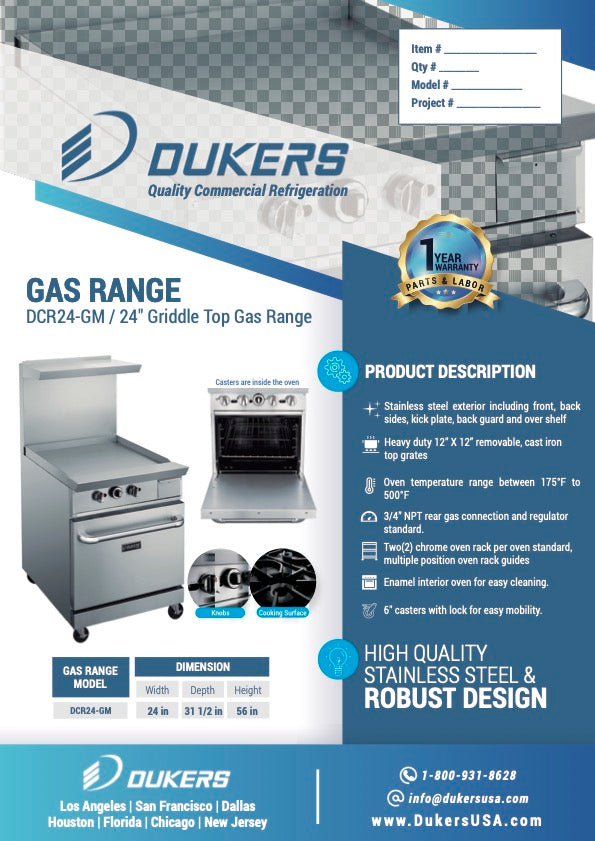 New Dukers DCR24-GM 24″ Gas Range with 24″ Flat Top Griddle