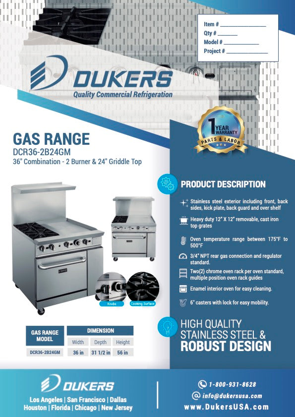 New Dukers DCR36-2B24GM 36″ Gas Range with Two (2) Open Burners & 24″ Flat Top Griddle