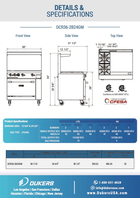 New Dukers DCR36-2B24GM 36″ Gas Range with Two (2) Open Burners & 24″ Flat Top Griddle