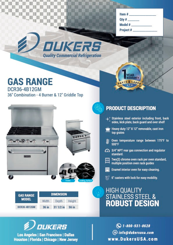 New Dukers DCR36-4B12GM 36″ Gas Range with Four (4) Open Burners & 12″ Flat Top Griddle