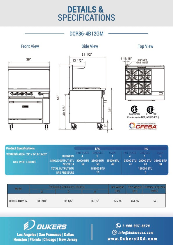 New Dukers DCR36-4B12GM 36″ Gas Range with Four (4) Open Burners & 12″ Flat Top Griddle