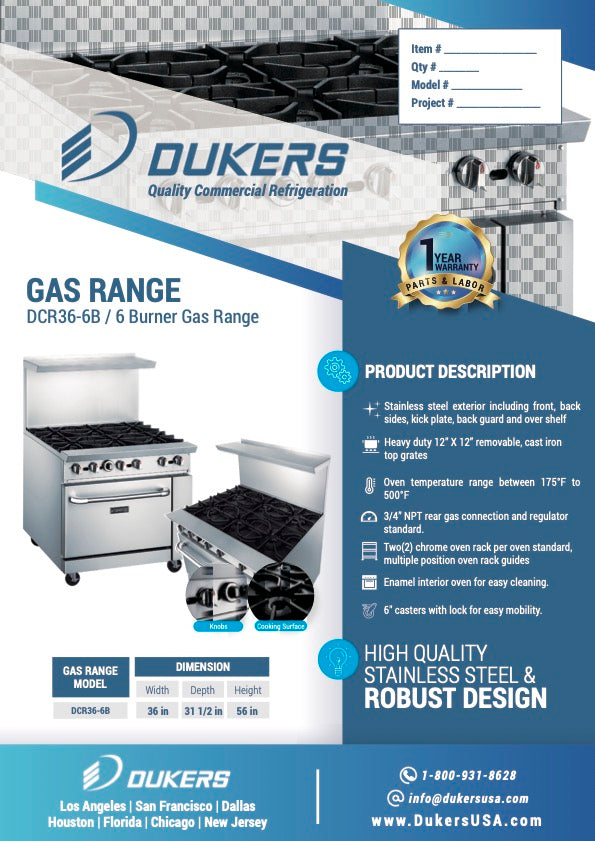 New Dukers DCR36-6B 36″ Gas Cooktop Range with Six (6) Open Burners