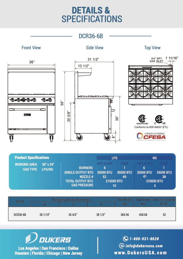 New Dukers DCR36-6B 36″ Gas Cooktop Range with Six (6) Open Burners