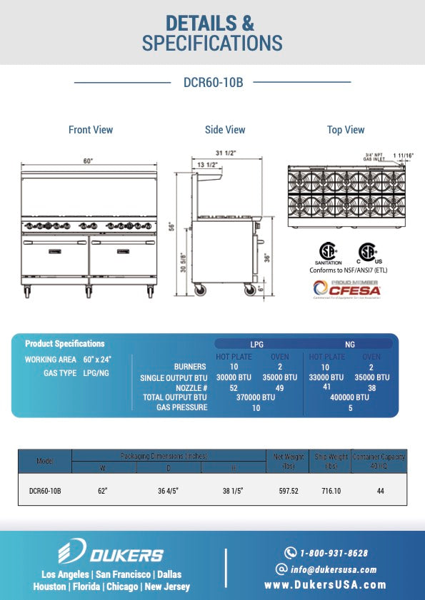 New Dukers DCR60-10B 60″ Gas Cooktop Range with Ten (10) Open Burners