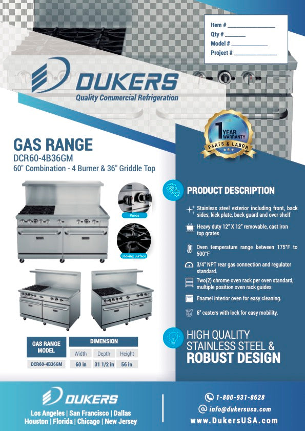 New Dukers DCR60-4B36GM 60″ Gas Range with Four (4) Open Burners & 36″ Flat Top Griddle