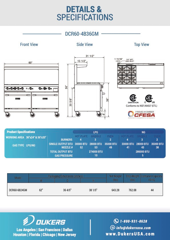 New Dukers DCR60-4B36GM 60″ Gas Range with Four (4) Open Burners & 36″ Flat Top Griddle