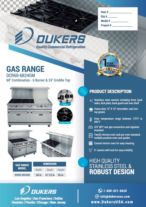 New Dukers DCR60-6B24GM 60″ Gas Range with Six (6) Open Burners & 24″ Flat Top Griddle