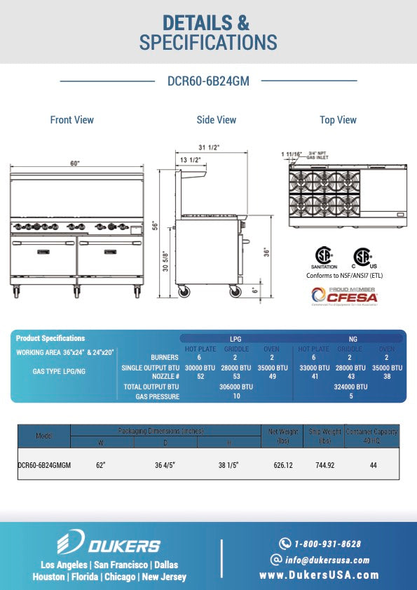 New Dukers DCR60-6B24GM 60″ Gas Range with Six (6) Open Burners & 24″ Flat Top Griddle