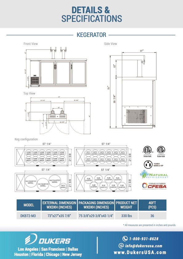 New Dukers DKB72-M3 Double Tap Kegerator