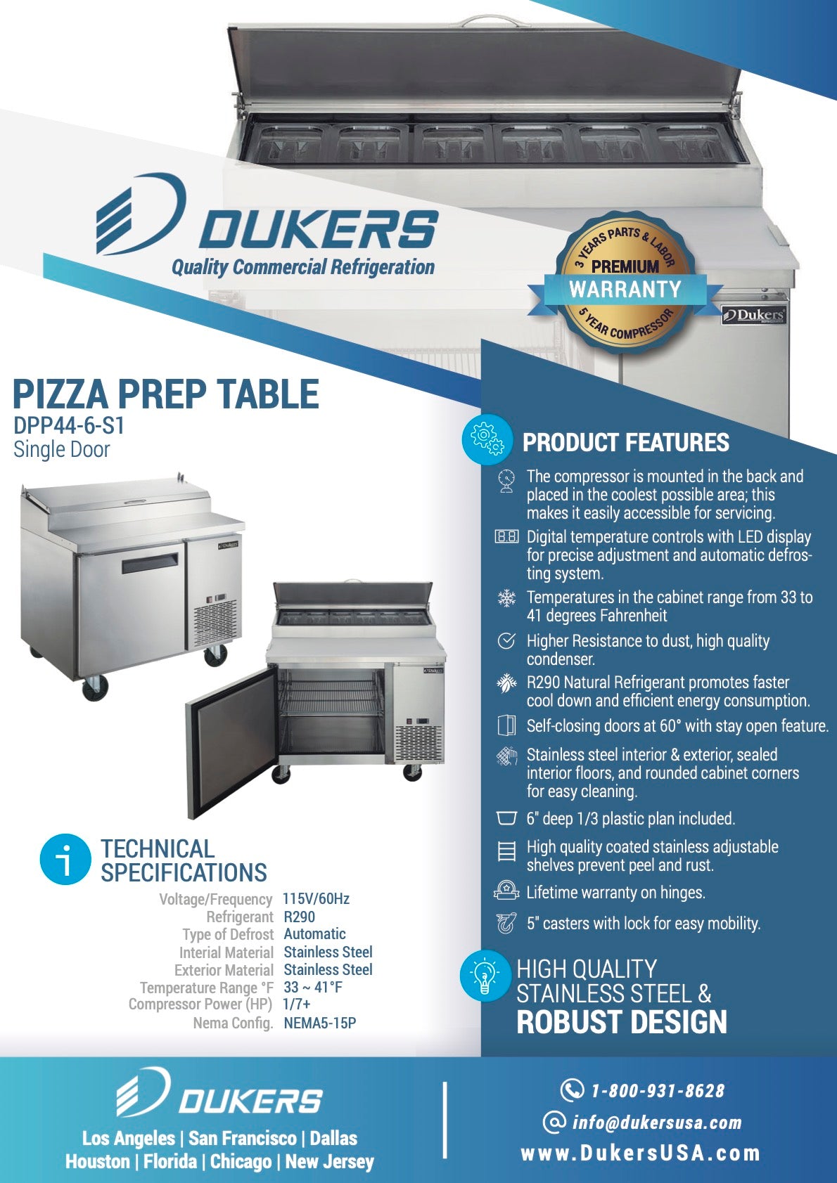 New Dukers DPP44-6-S1 Commercial Single Door Pizza Prep Table Refrigerated