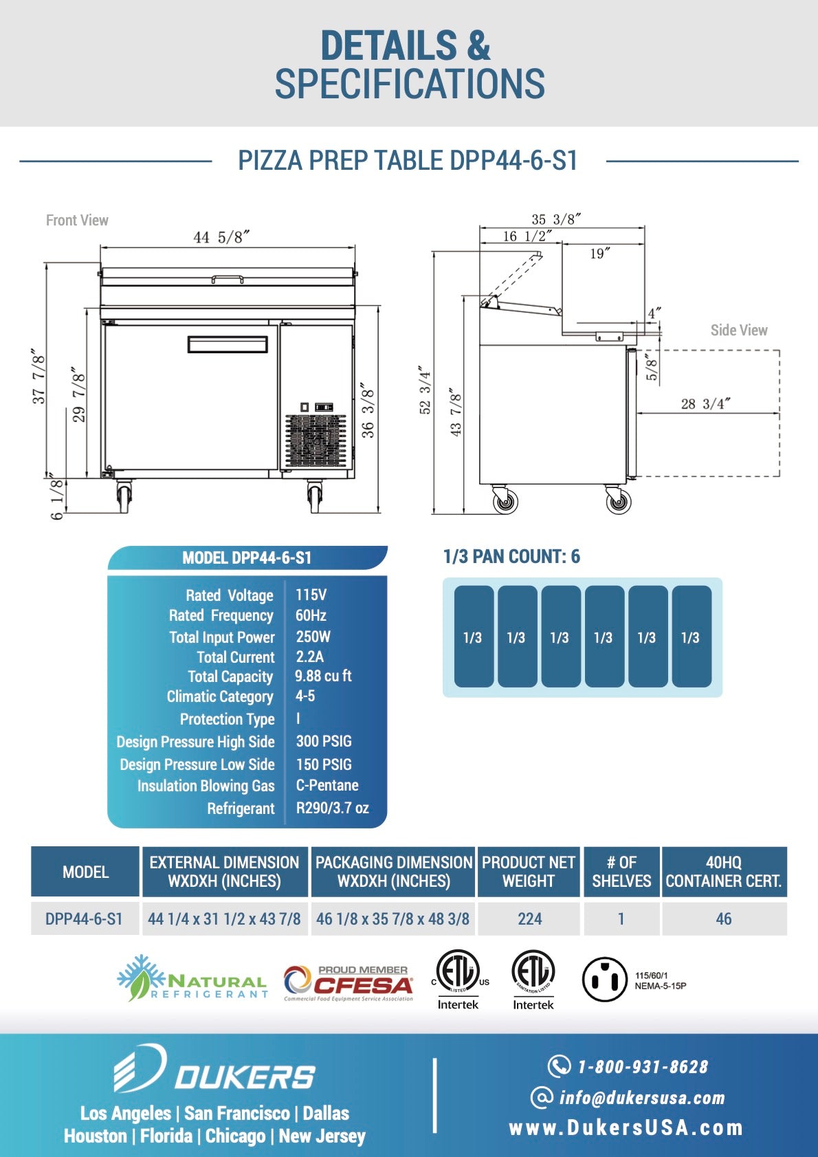 New Dukers DPP44-6-S1 Commercial Single Door Pizza Prep Table Refrigerated
