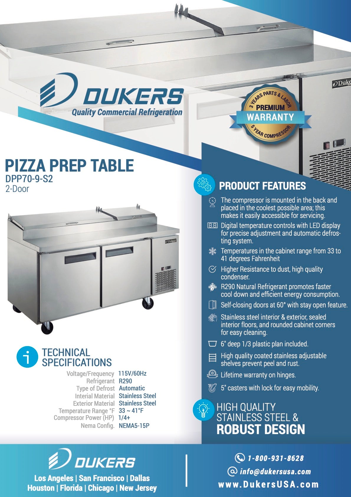 New Dukers DPP70-9-S2 Commercial 2-Door Pizza Prep Table Refrigerated