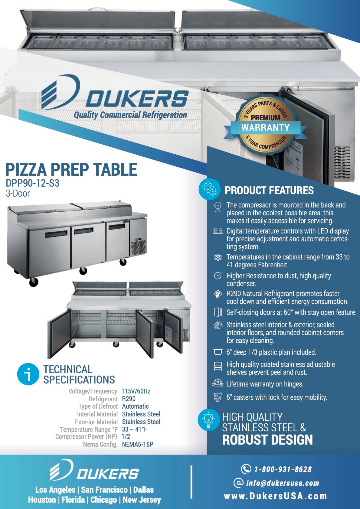 New Dukers DPP90-12-S3 Commercial 3-Door Pizza Prep Table Refrigerated