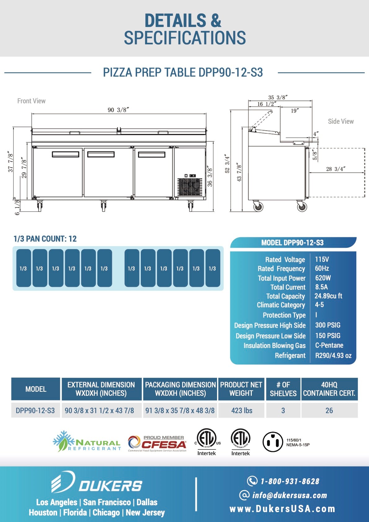 New Dukers DPP90-12-S3 Commercial 3-Door Pizza Prep Table Refrigerated