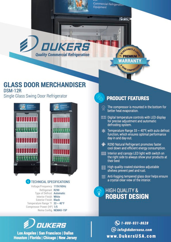 New Dukers DSM-12R Commercial Single Glass Swing Door Merchandising Reach-in Cooler Refrigerator