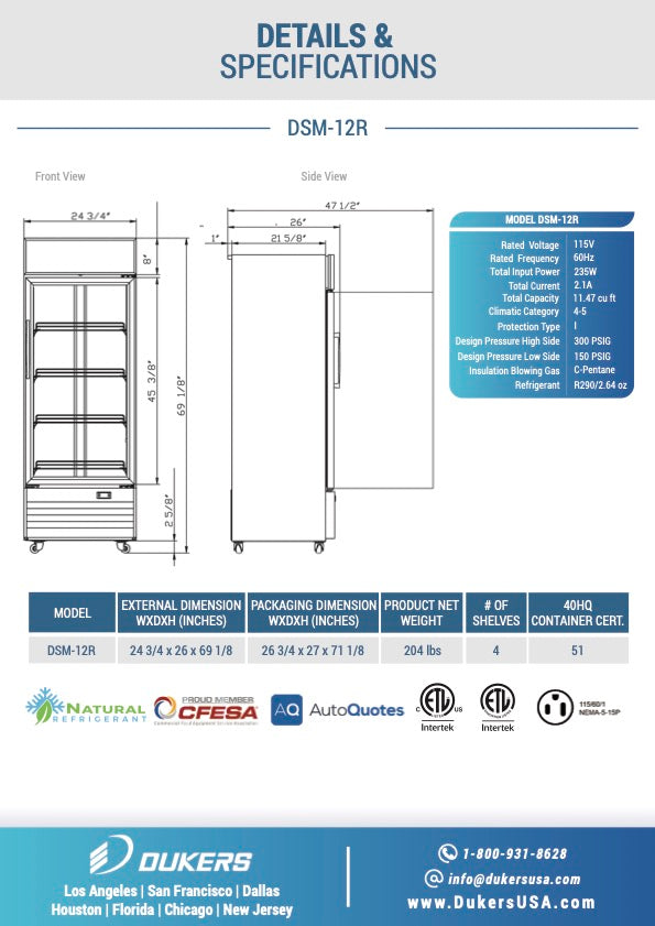 New Dukers DSM-12R Commercial Single Glass Swing Door Merchandising Reach-in Cooler Refrigerator