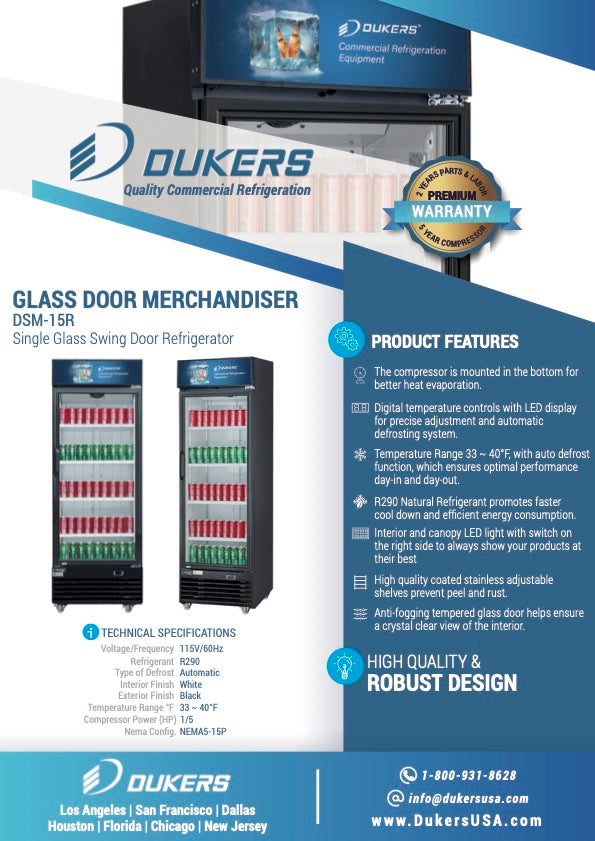 New Dukers DSM-15R Commercial Single Glass Swing Door Merchandising Reach-in Cooler Refrigerator