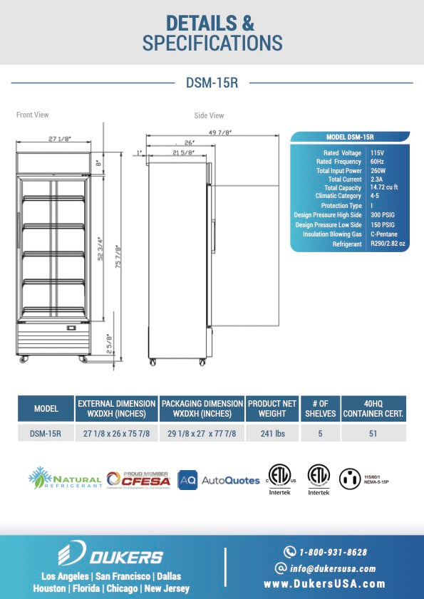 New Dukers DSM-15R Commercial Single Glass Swing Door Merchandising Reach-in Cooler Refrigerator
