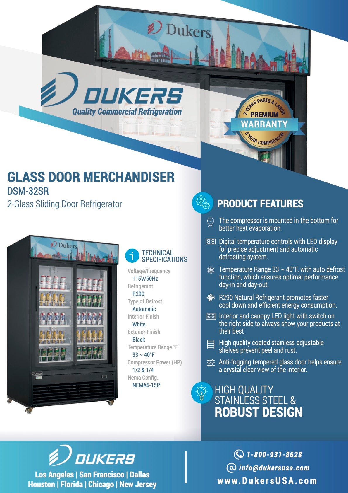 New Dukers DSM-32SR Commercial Glass Sliding 2-Door Merchandising Reach-in Cooler Refrigerator