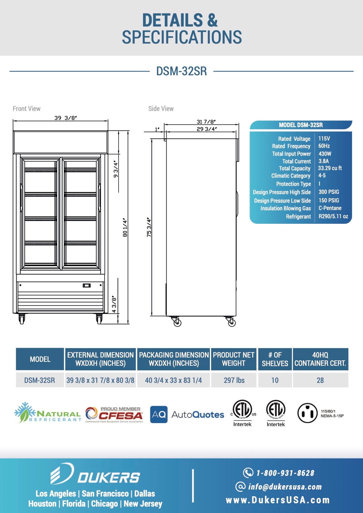 New Dukers DSM-32SR Commercial Glass Sliding 2-Door Merchandising Reach-in Cooler Refrigerator