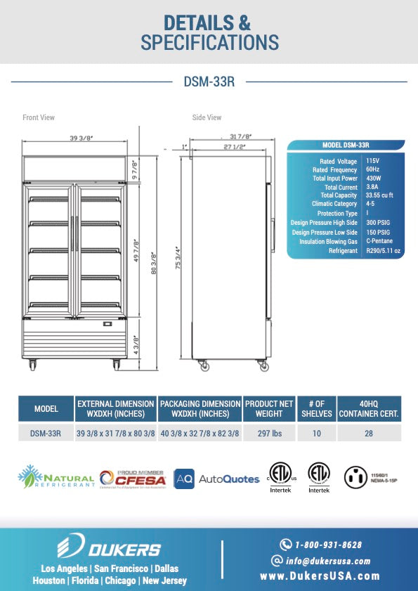 New Dukers DSM-33R Commercial Glass Swing 2-Door Merchandising Reach-in Cooler Refrigerator