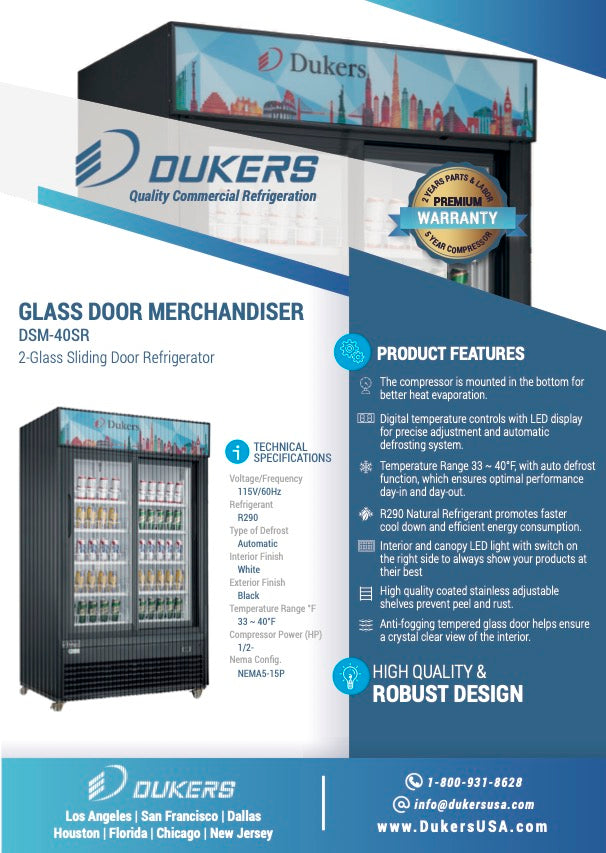 New Dukers DSM-40SR Commercial Glass Sliding 2-Door Merchandising Reach-in Cooler Refrigerator in Black