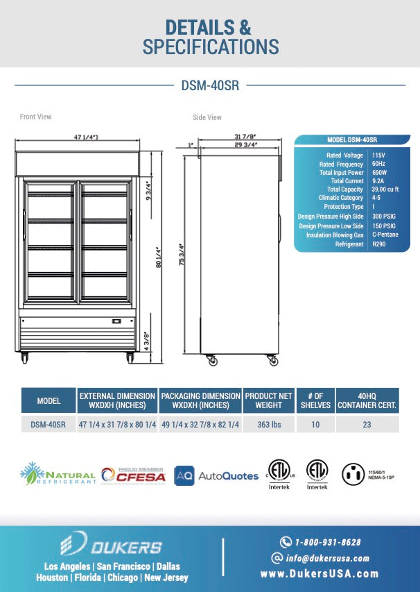 New Dukers DSM-47SR Commercial Glass Sliding 2-Door Merchandising Reach-in Cooler Refrigerator in Black