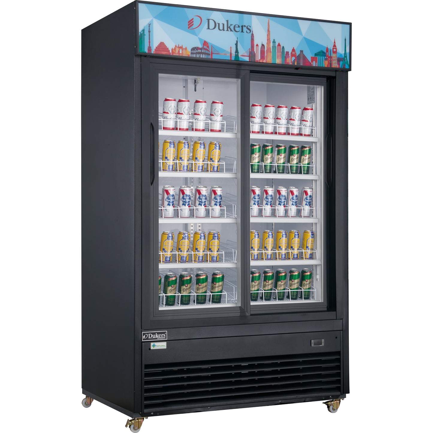 New Dukers DSM-47SR Commercial Glass Sliding 2-Door Merchandising Reach-in Cooler Refrigerator in Black