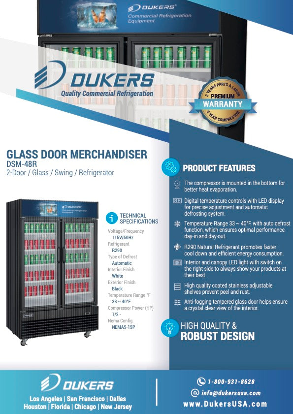 New Dukers DSM-48R Commercial Glass Swing 2-Door Merchandising Reach-in Cooler Refrigerator in Black