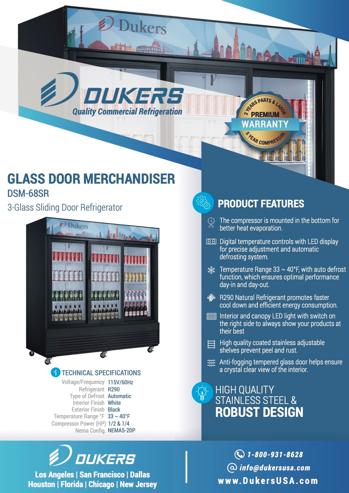 New Dukers DSM-68SR Commercial Glass Sliding 3-Door Merchandising Reach-in Cooler Refrigerator