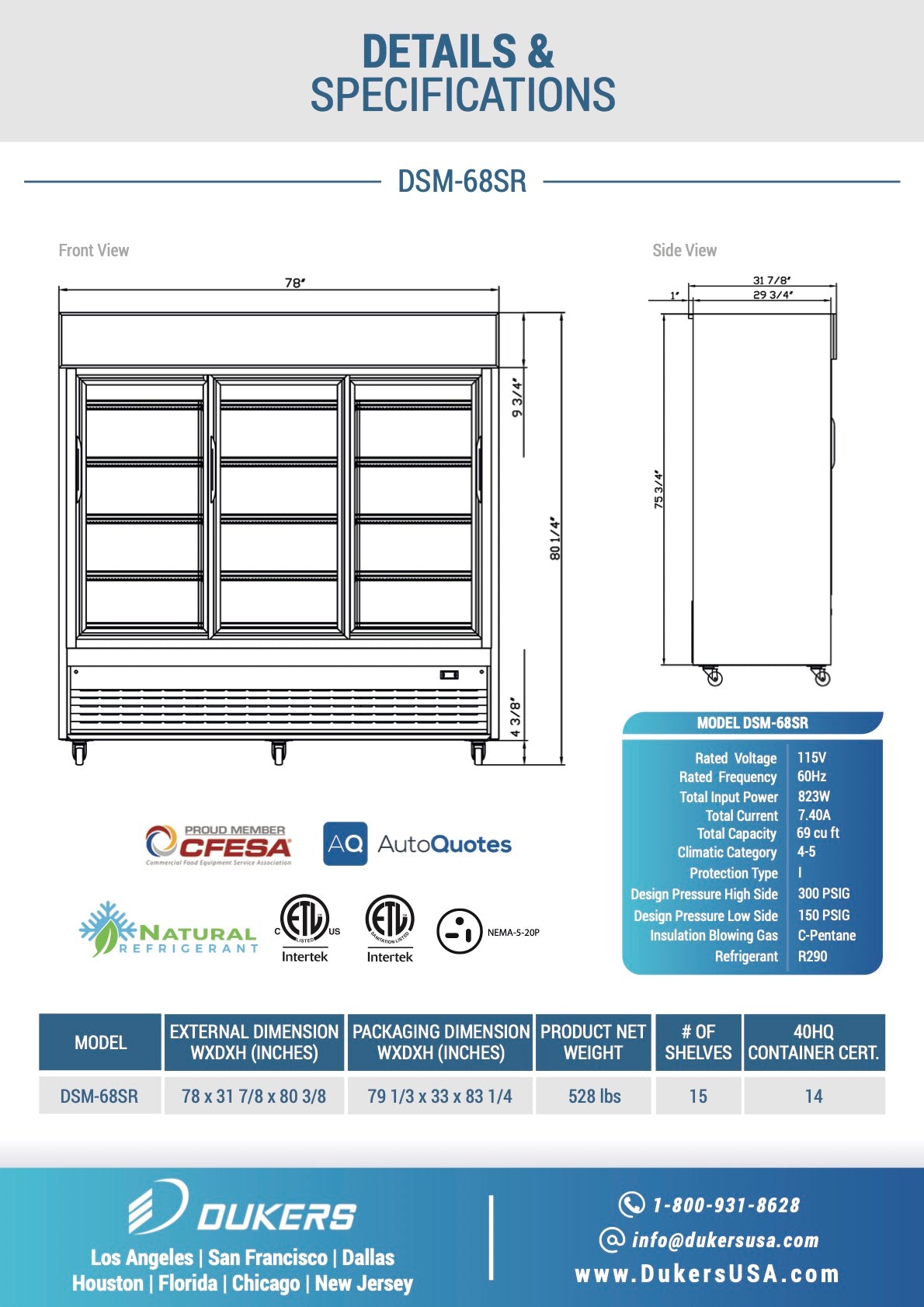 New Dukers DSM-68SR Commercial Glass Sliding 3-Door Merchandising Reach-in Cooler Refrigerator