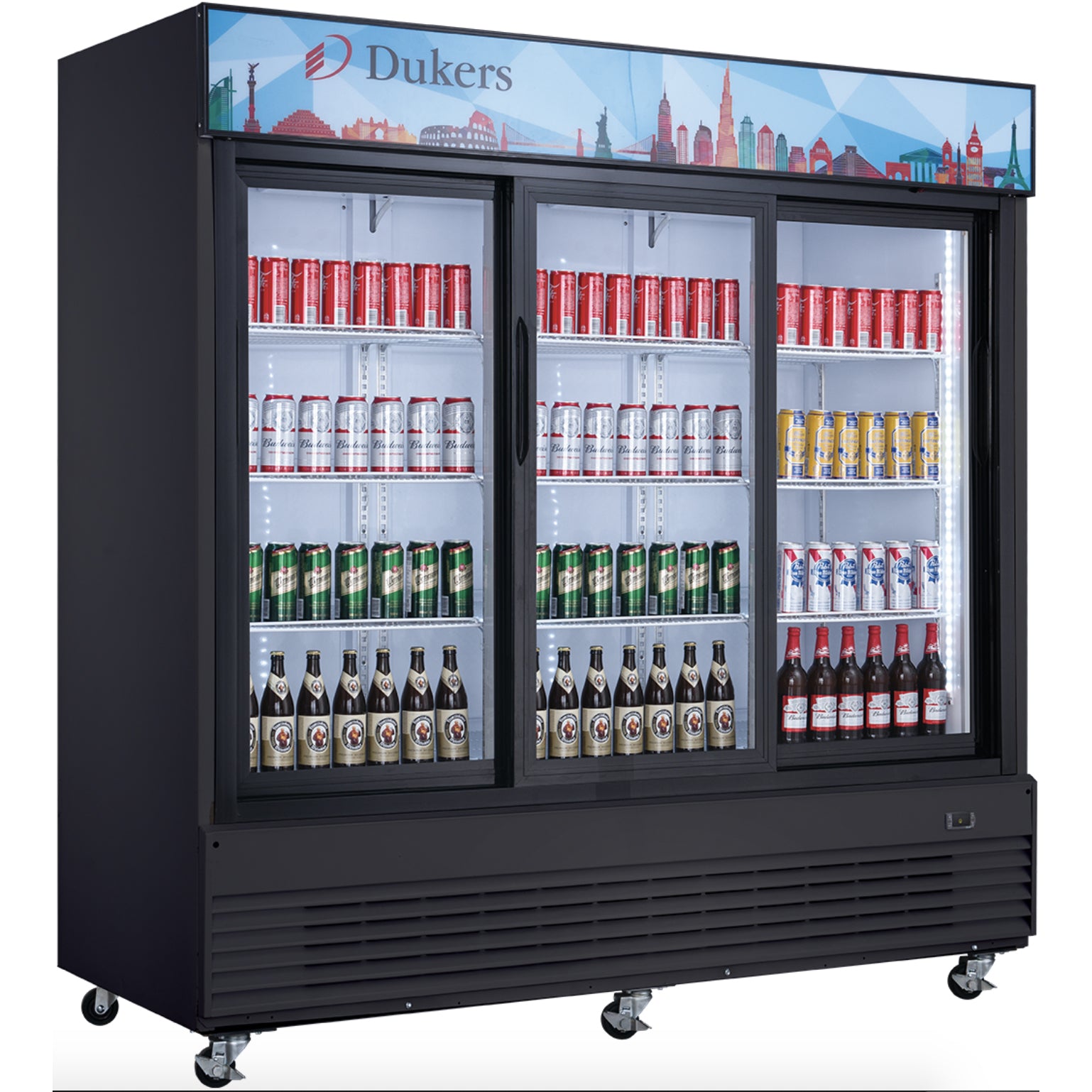 New Dukers DSM-68SR Commercial Glass Sliding 3-Door Merchandising Reach-in Cooler Refrigerator