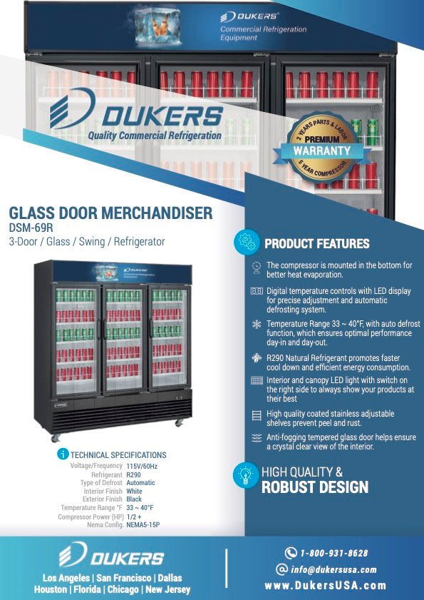 New Dukers DSM-69R Commercial Glass Swing 3-Door Merchandising Reach-in Cooler Refrigerator