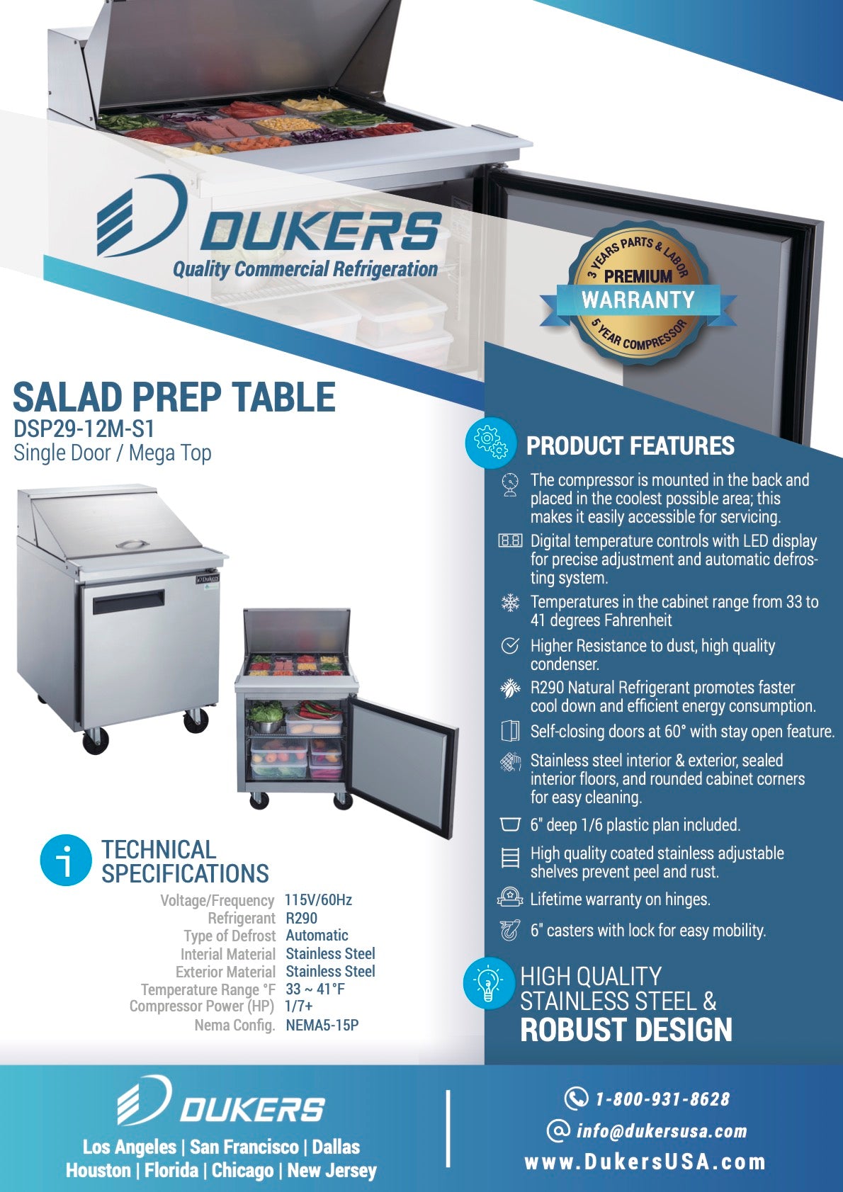 New Dukers DSP29-12M-S1 1-Door Commercial Food Prep Table Refrigerated in Stainless Steel with Mega Top