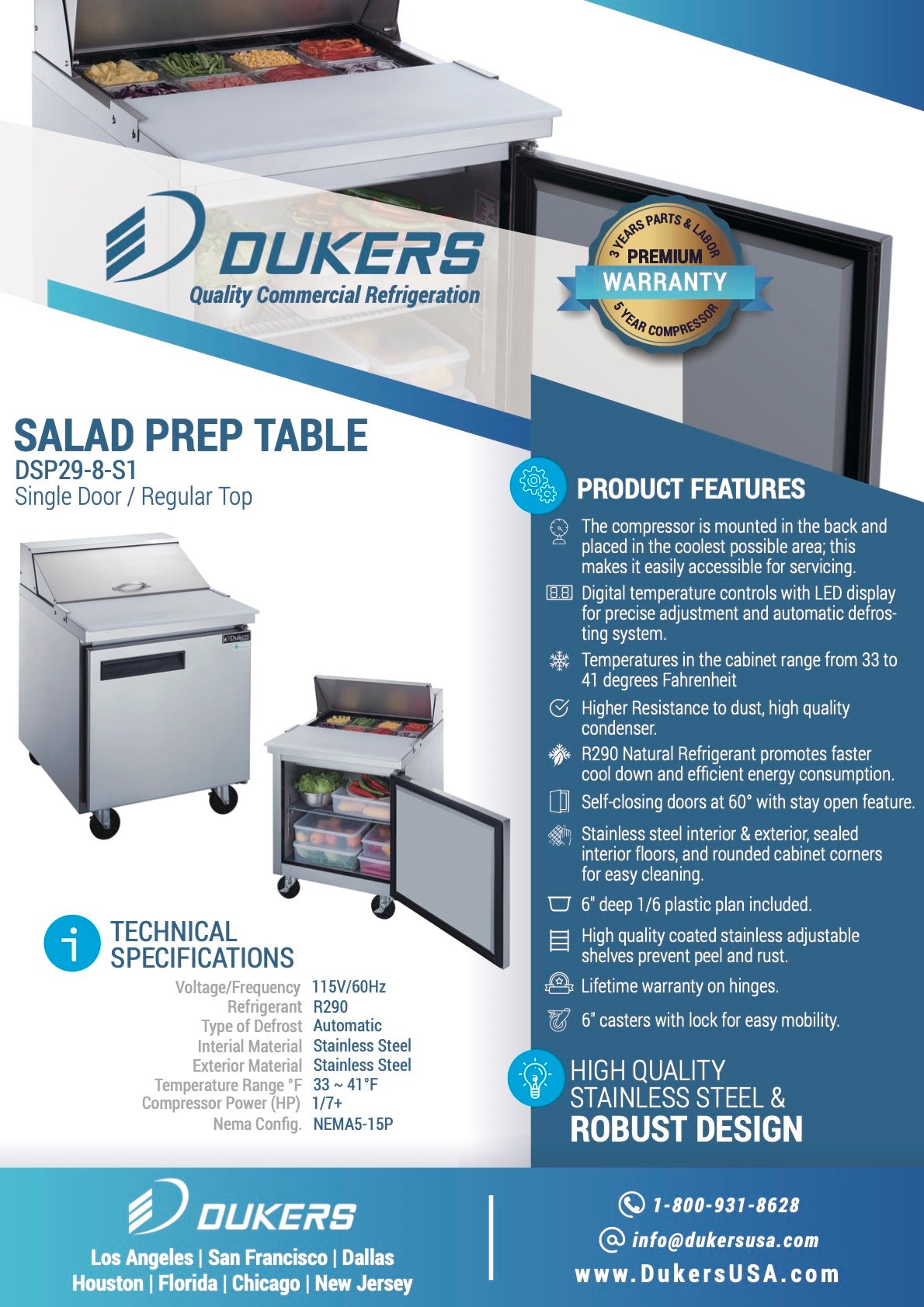 New Dukers DSP29-8-S1 1-Door Commercial Food Prep Table Refrigerated in Stainless Steel