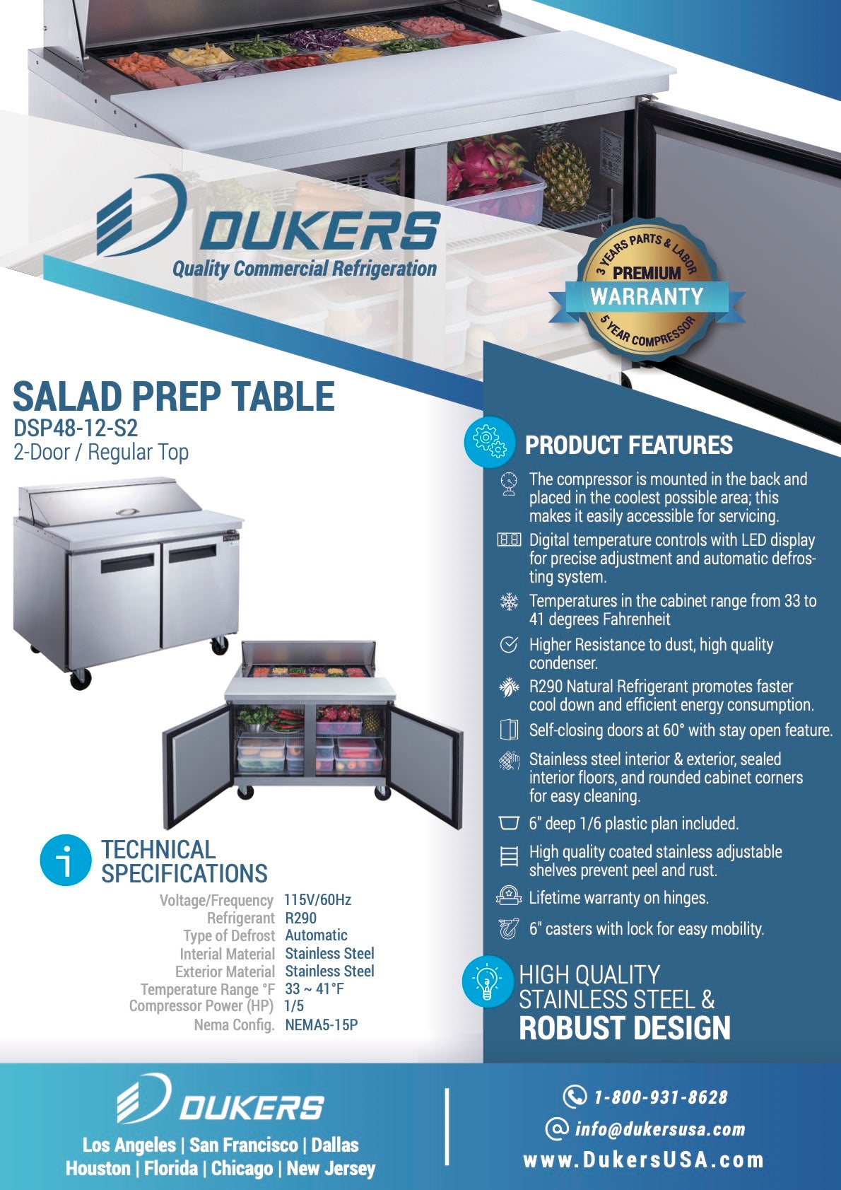 New Dukers DSP48-12-S2 2-Door Commercial Food Prep Table Refrigerated in Stainless Steel