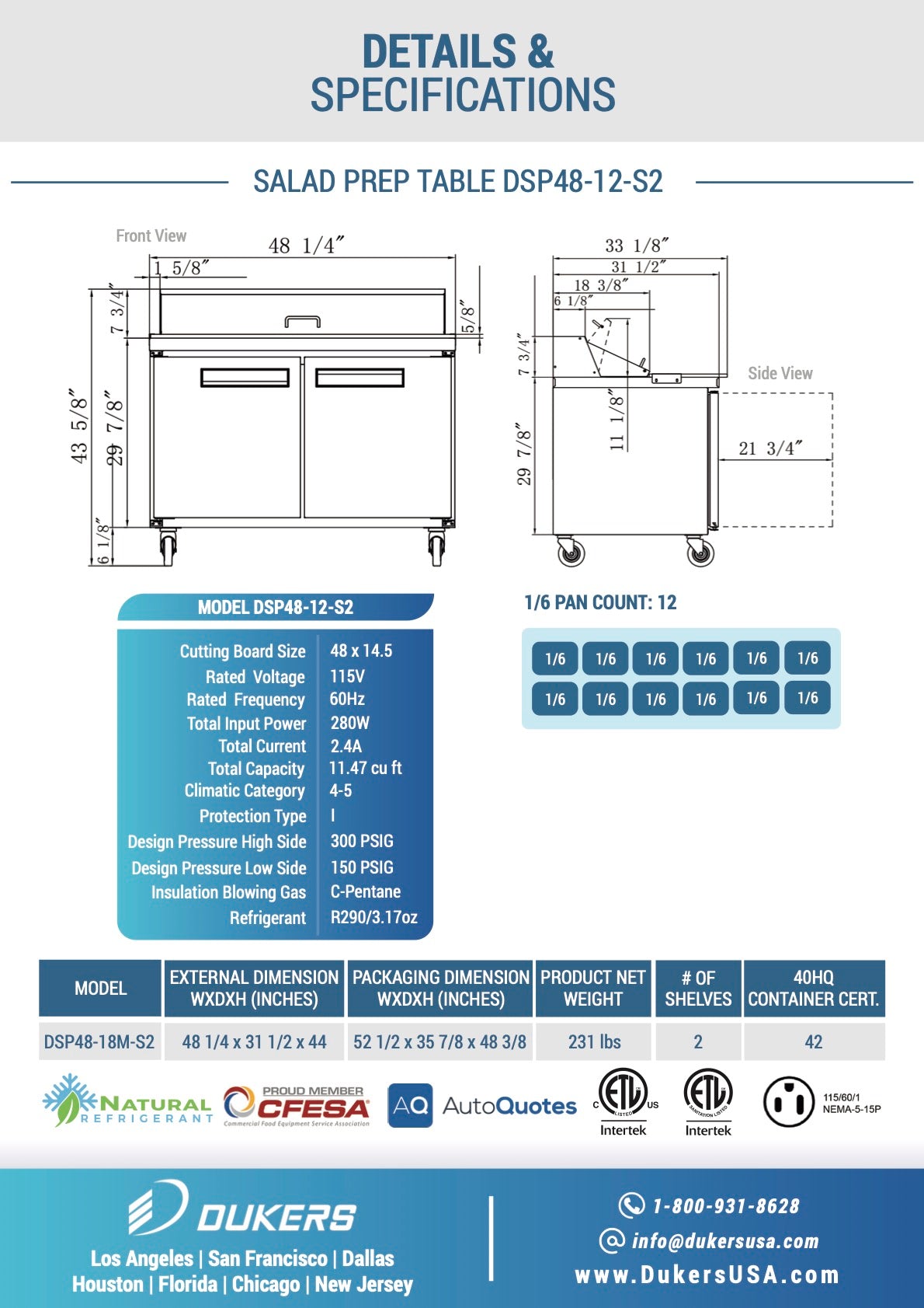 New Dukers DSP48-12-S2 2-Door Commercial Food Prep Table Refrigerated in Stainless Steel