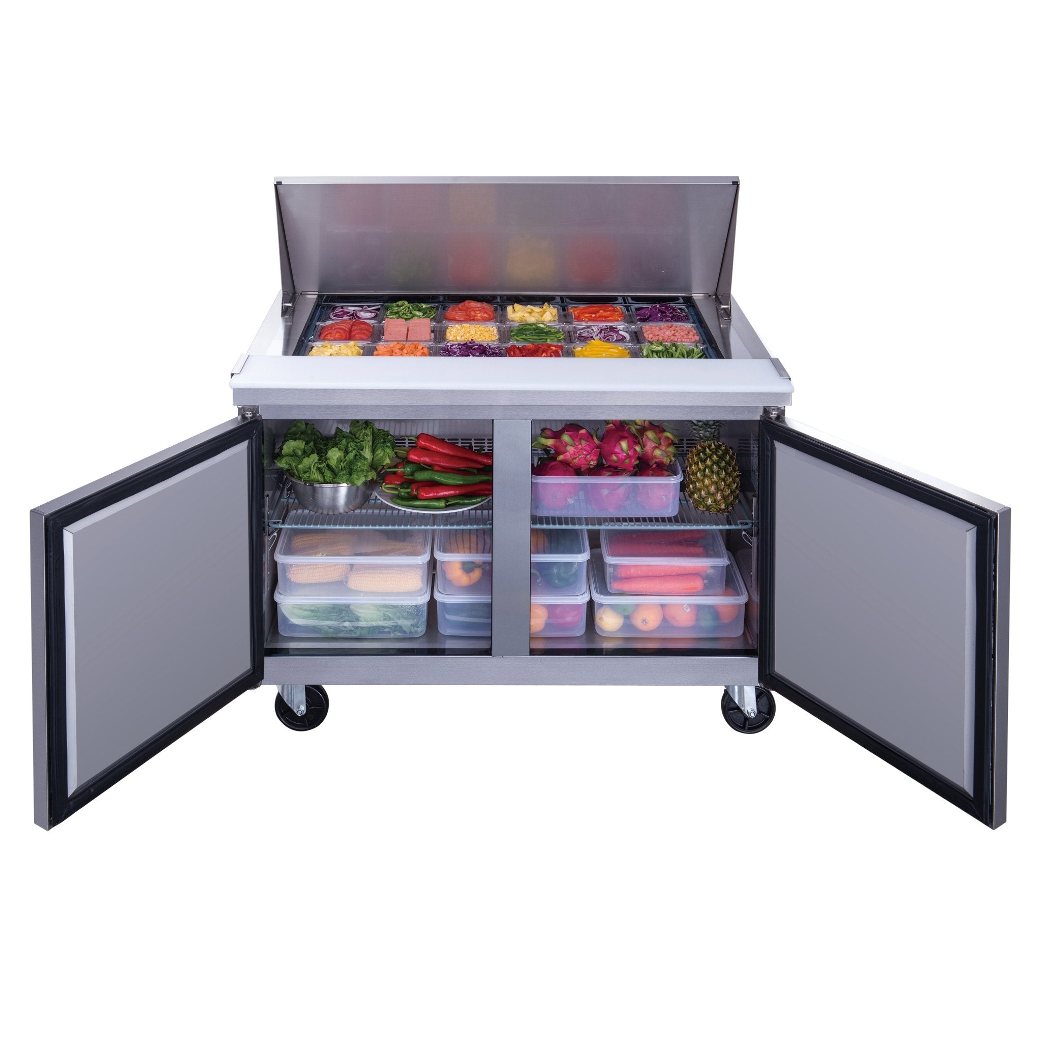 New Dukers DSP48 - 18M - S2 2 - Door Commercial Food Prep Table Refrigerated in Stainless Steel with Mega Top - Falcon Restaurant Supply - 4
