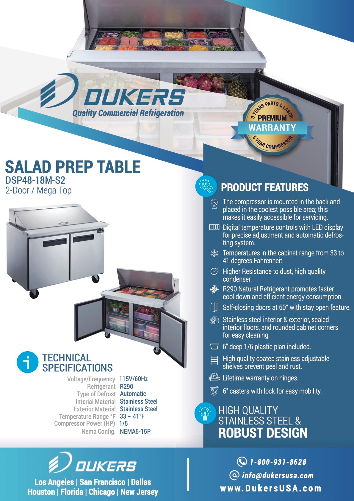 New Dukers DSP48-18M-S2 2-Door Commercial Food Prep Table Refrigerated in Stainless Steel with Mega Top