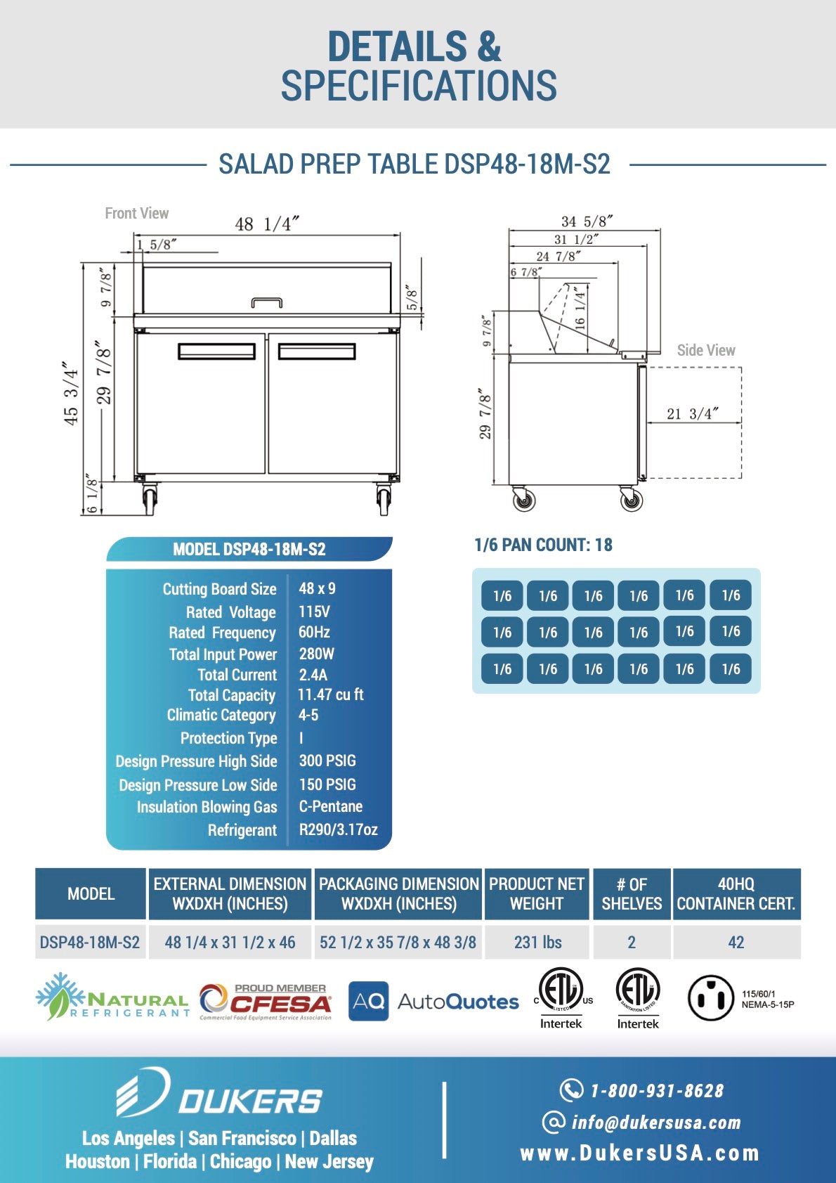 New Dukers DSP48-18M-S2 2-Door Commercial Food Prep Table Refrigerated in Stainless Steel with Mega Top